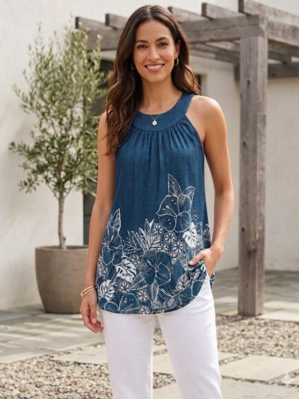 Nani Hawaiʻi - Womenʻs Sleeveless Teal Floral Border Shift Top